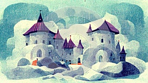 a big castle with violet top, roof, children book illustration, ai generated image