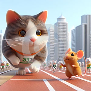 Big cat and mouse on racing track, alot of small cats behind them, skyscraper background, funny animals, HD, pets