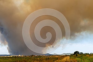 Big catastrophic forest fire in Alexandroupolis Evros Greece, near airport and Apalos, emergency situation, Aerial firefighting