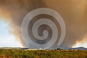 Big catastrophic forest fire in Alexandroupolis Evros Greece, near airport and Apalos, emergency situation, Aerial firefighting