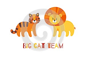 Big cats pride. Lion and tiger standing next to each other. Vector illustration