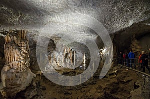 Big cavern with stalactites and stalagmites in Postojna cave, Slovenia, Europe