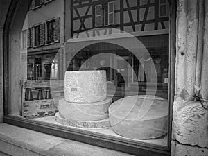 Big Cheese shop in Colmar France. Black and white.