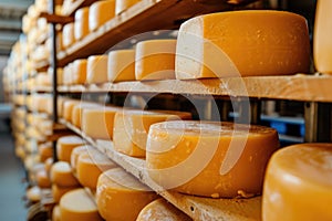 Big cheese wheels at manufacturing closeup. A cheese dairy in a warehouse with cheese