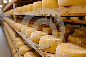 Big cheese wheels at manufacturing closeup. A cheese dairy in a warehouse with cheese