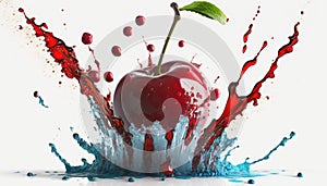 Big cherry, falling into liquid, on a white background.