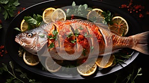 BIG Chinese Whole Fish on a Black Oval Dish with Lemons and Herbs