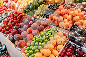 Big choice of fresh Fruit and vegetable market. Various colorful fresh fruits and vegetables. Fresh and organic