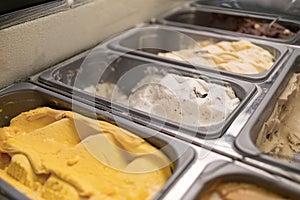 Big choice of ice cream. Italian gelateria. Ice-cream showcase in cafe