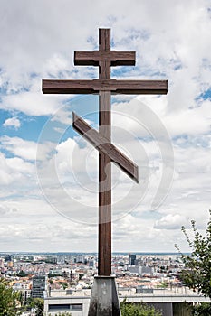 Big christian cross in Slavin, memorial monument and military ce