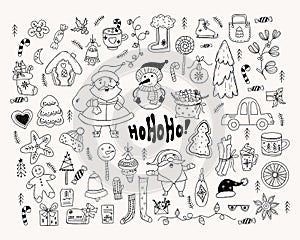 Big Christmas collection doodle. Santa Claus, gift, snowman, gingerbread house, christmas boot, toys, candies, mittens