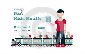 Big Christmas sale of medicines for chidren. Black Friday discounts for a website, pharmacy, store, or app with medical