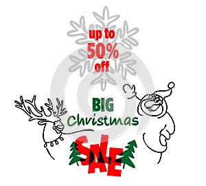 Big Christmas sale, square banner with Santa Claus and reindeer on a white background. Discounts up to 50 off . Template for a