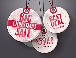 Big christmas sale tags vector set with white and red tag price color hanging