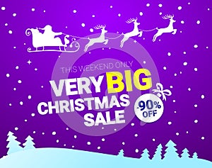 Big Christmas sale. Vector banner with Santa Claus and deers flying up the forest on the purple background. Stocking