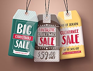 Big Christmas sale vector paper price tags hanging with different colors