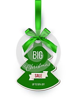 Big christmas sale vector tag template. Xmas discount advertising campaign. New year tree toy with ribbon realistic