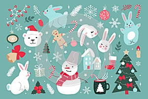 Big Christmas set of drawings with cute rabbits, snowmen, gingerbread men, Christmas trees