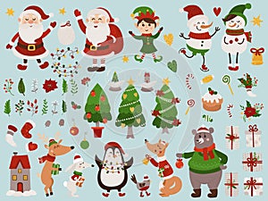 Big Christmas set with isolated cute forest animals, gnome, Santa Claus and different items