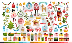 Big Christmas set for a princess. Cute characters, Santa, toys, Christmas tree, sweets and gifts. Cute palette of sweets