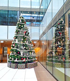 Big Christmas tree inside the modern corporate building