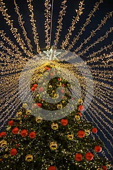 Big Christmas tree. New Year decorations and Christmas atmosphere on a winter street in Moscow.