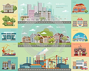 Big city concept. Infrastructure vector set with cafe, school, airport, fire station and other buildings.