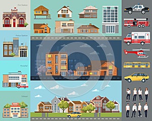 Big city concept. Infrastructure vector set with cafe, school, airport, fire station and other buildings.