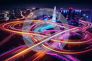 Big city highway web with long exposure car traffic lights