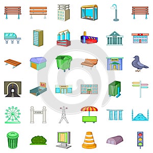 Big city icons set, cartoon style