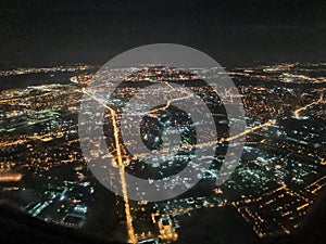 Big City lights from the plane window at night. Nizhny Novgorod, Russia