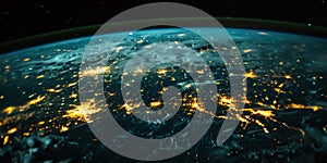 Big city lights view from space. Planet earth globe with night realistic world map. Communication concept. Generative AI