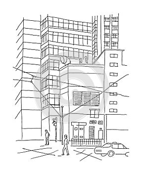 Big City outdoors courtyard town. Sketch, drawing by hand. Hand drawn black line vector illustration.