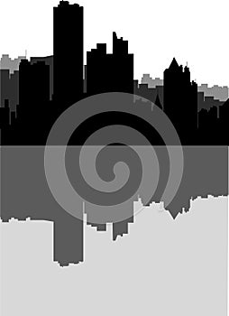 Big city reflected in the water. Vector silhouette