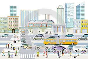 Big city with road traffic and elevated train, and many buildings, illustration