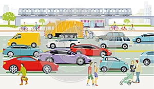 Big city with road traffic and people, illustration