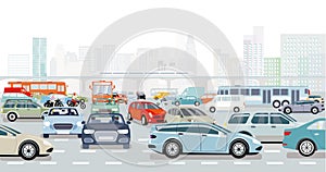 Big city in rush hour in an intersection in traffic jam and public transport illustration