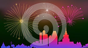 Big city silhouette and festive fireworks flat style vector illustration