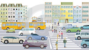Big city city silhouette with road traffic and pedestrians on the zebra crossing, illustration