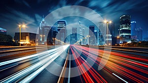 big city skyline and traffic lights blurred motion, skyscrapers and highway light trails at rush hour