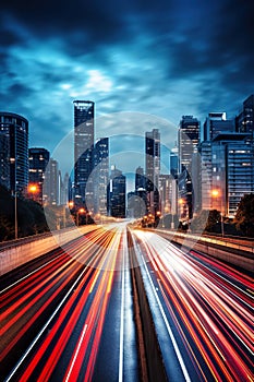 big city skyline and traffic lights blurred motion, skyscrapers and highway light trails at rush hour