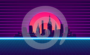 Big city urban silhouette skyscraper building sunset neon blue pink purple color retro 80s vintage style