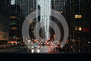 Big city view from car window during rain. Generative AI