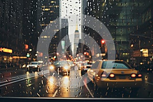 Big city view from car window during rain. Generative AI