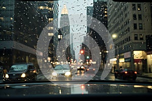 Big city view from car window during rain. Generative AI