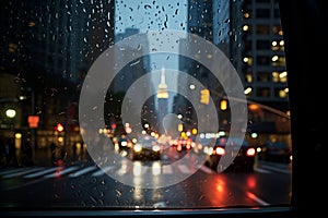 Big city view from car window during rain. Generative AI