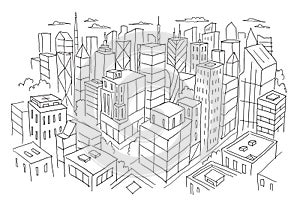 Big city view from the top sketch. Hand drawn vector stock line illustration. Building architecture landscape.