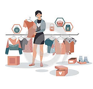 Big clearance sale, boutique selling designer fashion wear, woman hold shirt isolated on white, cartoon vector
