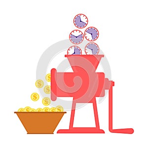 A big clock falls into a mincer and is grind into many dollar sign coins. Business concept of time and money. Vector illustration.
