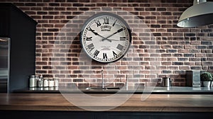 Big clock hanging on white brick wall in kitchen, generative Ai